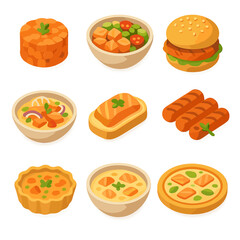 Isometric Salmon Menu Icons. Isometric Flat icon set of salmon fillet restaurant menu items: salmon tartare, salmon poke bowl,
