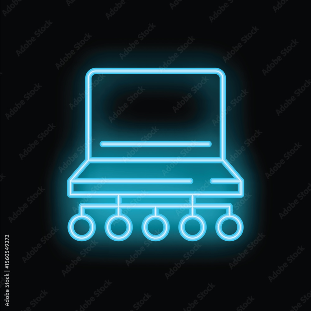 Fototapete neon blue glowing outline of a laptop with nodes connected underneath representing a computer networ
