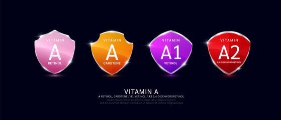 Vitamin A in translucent glass shield aluminum frame shiny modern 3D isolated on dark background. Vitamins set. For design dietary supplement products. Health care protection concept. Vector.