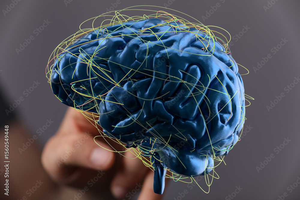 Poster 3d rendering of a human brain with glowing neural pathways. perfect for ai, neuroscience, or cogniti