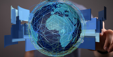 Abstract image of a digital earth, showcasing global connectivity and data streams.