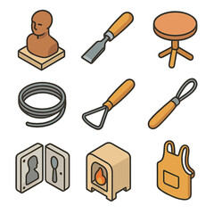 Sculpting Tools Icon Set. Isometric Flat icon set of sculpting and carving techniques: clay sculpture, carving chisel, modeling