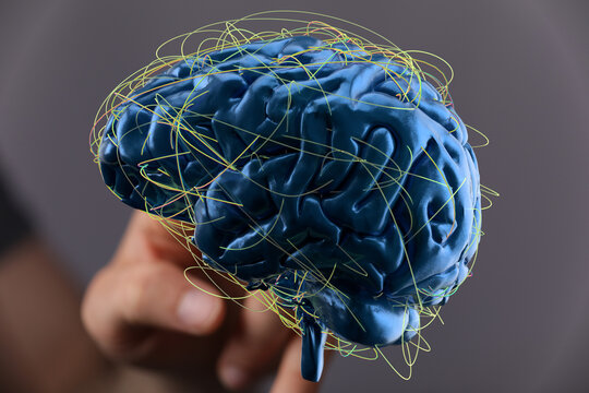 3D rendering of a human brain with glowing neural pathways.  Perfect for AI, neuroscience, or cognitive science concepts.