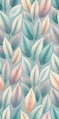 A seamless pattern of pastelcolored leaves creates a soft, elegant, and trendy background texture