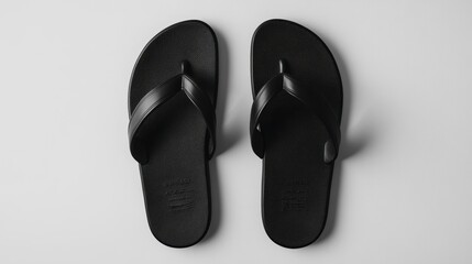 Pair of simple black leather flip-flops on white background.