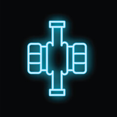 Blue neon icon of a pipe fitting with flanges glowing on a dark background