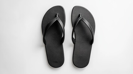Overhead view of a pair of simple black flip-flops on a white background.