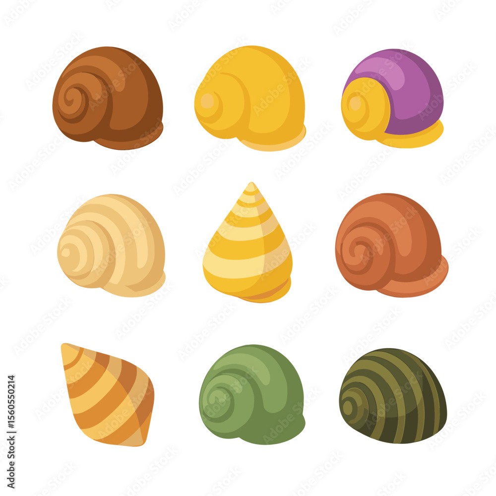 Poster snail shell icon set. isometric flat icon set of snail shell species: garden snail shell, apple snai