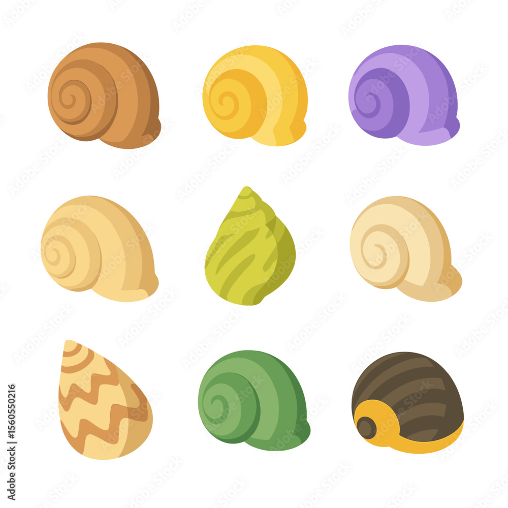 Poster snail shell icon set. isometric flat icon set of snail shell species: garden snail shell, apple snai