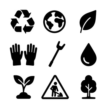 Eco Icon Grid. Solid, filled icon set of environmental awareness: recycle symbol, earth, leaf, trash bag, gloves, trash picker,