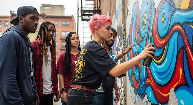 A group of diverse people watches a young woman spray paint a colorful mural on a brick wall.