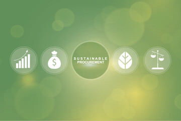 Sustainable Procurement Five Circle Icons Green. Ethical sourcing. Green business practices. Corporate Social Responsibility and Ethical Supply Chain Management. Vector illustration