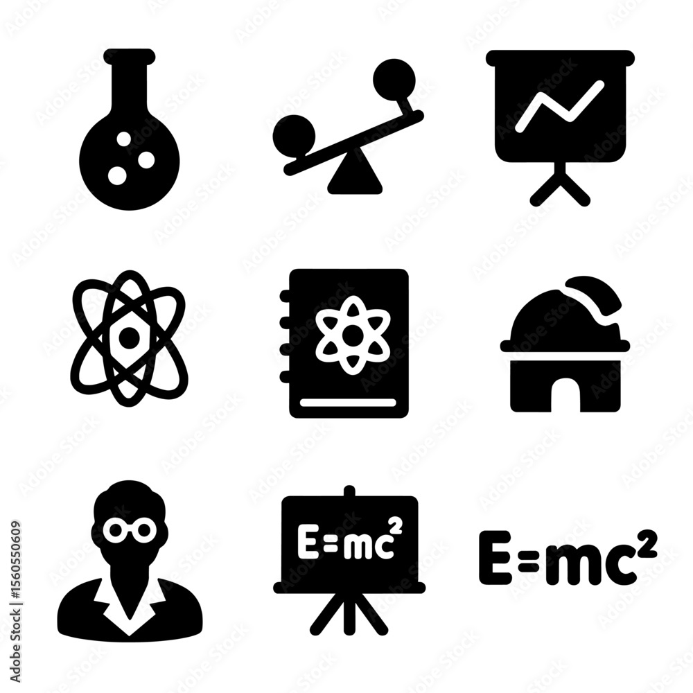 Poster space science icons. solid, filled icon set of space science and research: lab flask, gravity experi