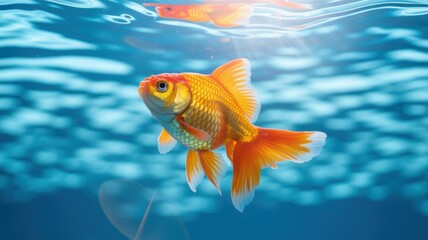 Fototapeta premium Vibrant goldfish swim gracefully beneath the shimmering water surface, illuminated by natural light.