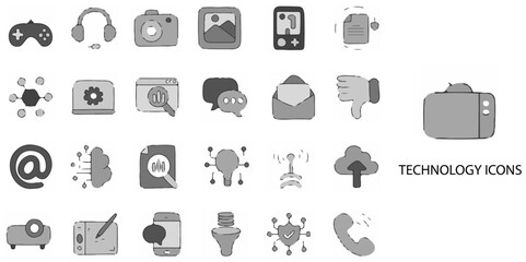 Technology simple concept 24 hand drawn Grew color icons set .Vector illustration.	