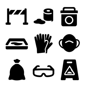 Spill Containment Icons. Solid, filled icon set of spill containment: barrier tape, absorbent material, spill kit, containment