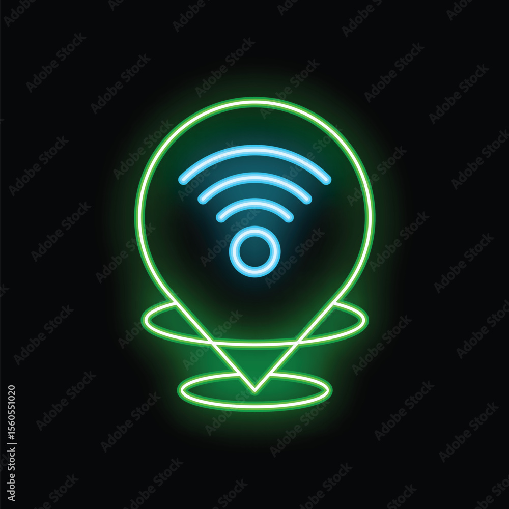 Poster glowing neon icon of the wifi symbol inside a location pin is showing a place on a black background