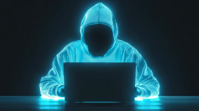 Cybersecurity Threat Visualization, Anonymous Figure with Blue Neon Glow and Illuminated Laptop for Digital Security and Hacker Concept - Powered by Adobe