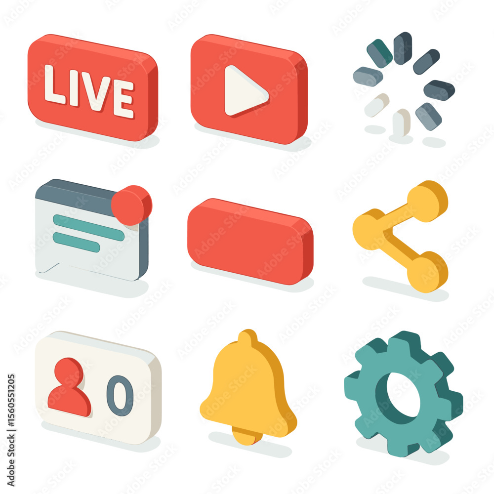 Poster streaming platform icons. isometric flat icon set of streaming platform interface: live stream icon,