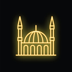 Neon yellow mosque building glowing on black background, vector illustration