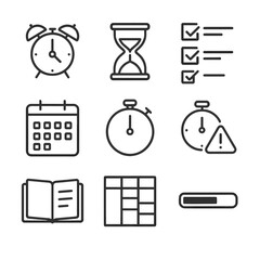 Study Time Icons. Outline icon set of Time Management for Studying: alarm clock, hourglass, checklist, calendar page, stopwatch,