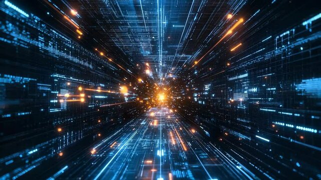 Futuristic digital data stream with dynamic glowing elements, data processing visualization