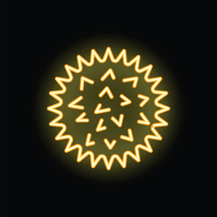Bright yellow neon sign in the shape of a virus, bacteria, or spore is glowing on a black background