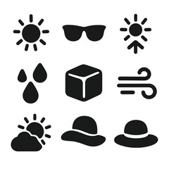 Summer Weather Icons. Solid, filled icon set of summer weather elements: sun icon, clear sky, sunglasses, UV rays, water droplets,