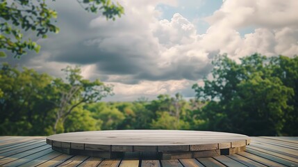 Outdoor Wooden Podium for Product Display in Lush Greenery Under Cloudy Sky