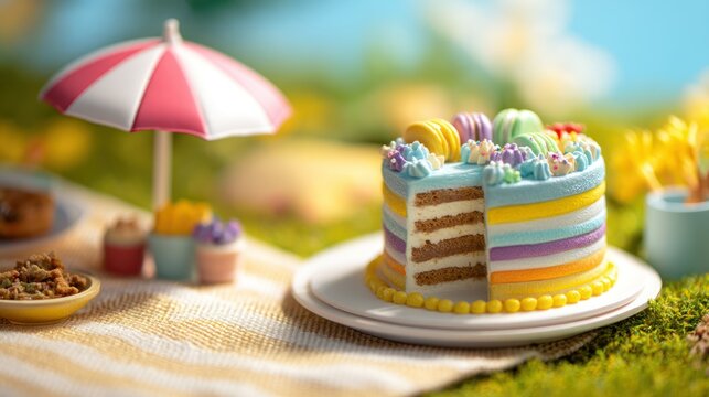 An outdoor scene of a picnic with a Happy Father's Day cake in bright colors, evoking celebration