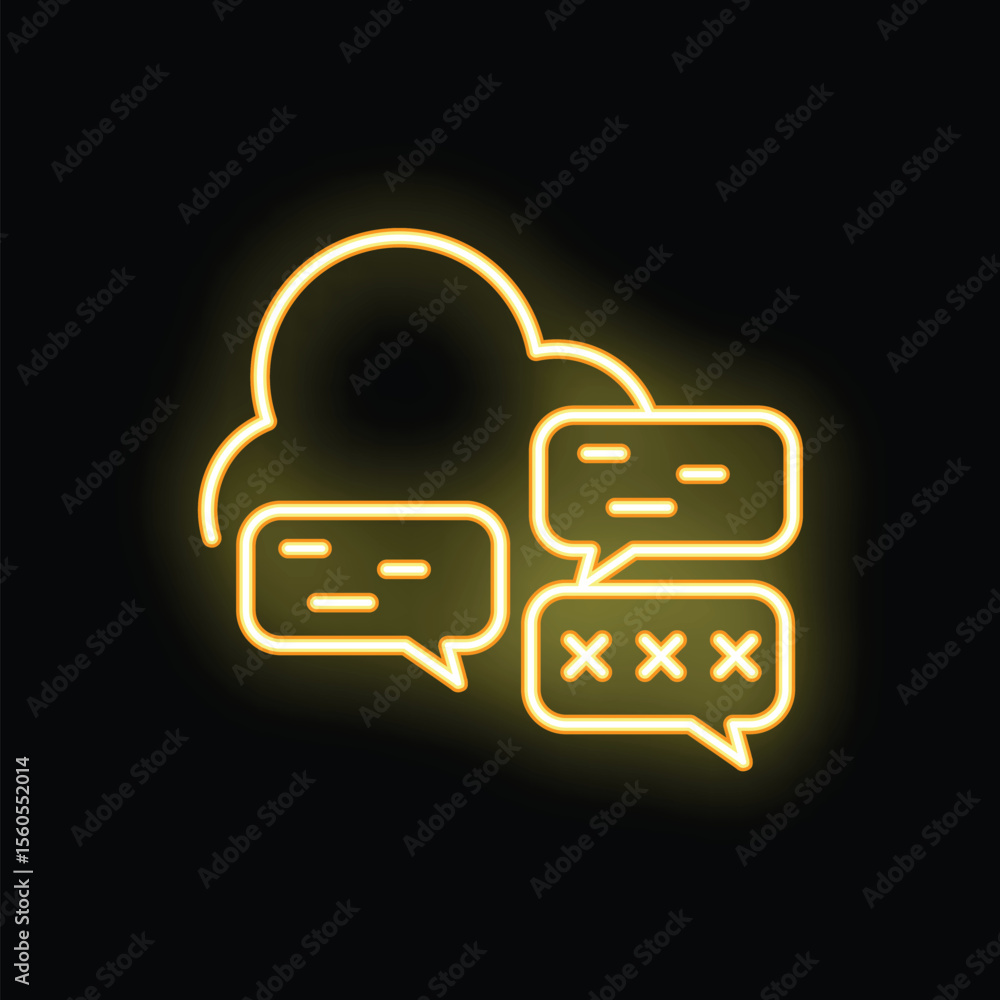 Poster yellow neon icon of a cloud computing system with chatting bubbles and one with a password