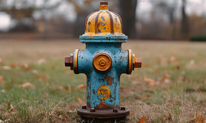 Fototapeta premium Weathered fire hydrant in autumn setting