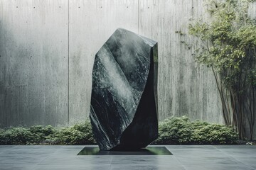 A dark, angular stone sculpture stands majestically against a concrete wall, exuding serenity.