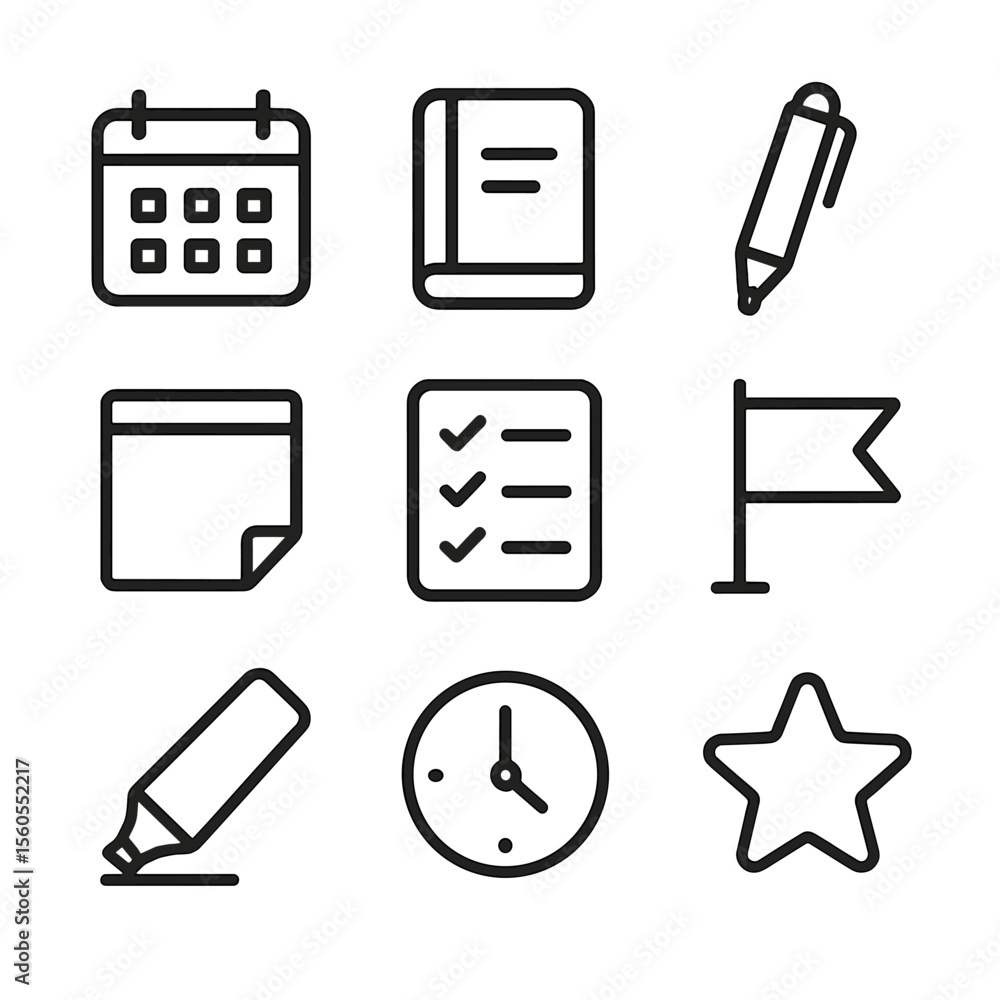 Poster task icons grid. outline icon set of planning and scheduling tasks: calendar, planner notebook, pen,
