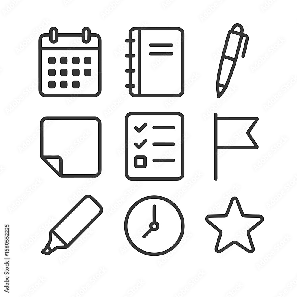 Poster task icons grid. outline icon set of planning and scheduling tasks: calendar, planner notebook, pen,