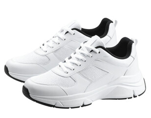 Pair of modern white sneakers viewed from side, isolated on transparent background