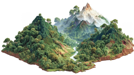 Isometric 3d illustration of a misty mountain range and lush green jungle with a river flowing through it, isolated on transparent background