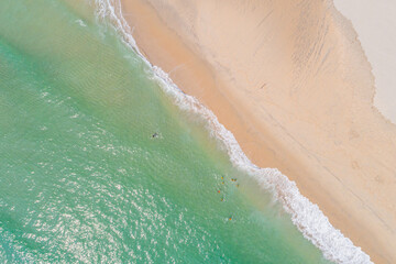 group of swimmers enjoying a summer day at the beach from above, aerial top down drone view summer background