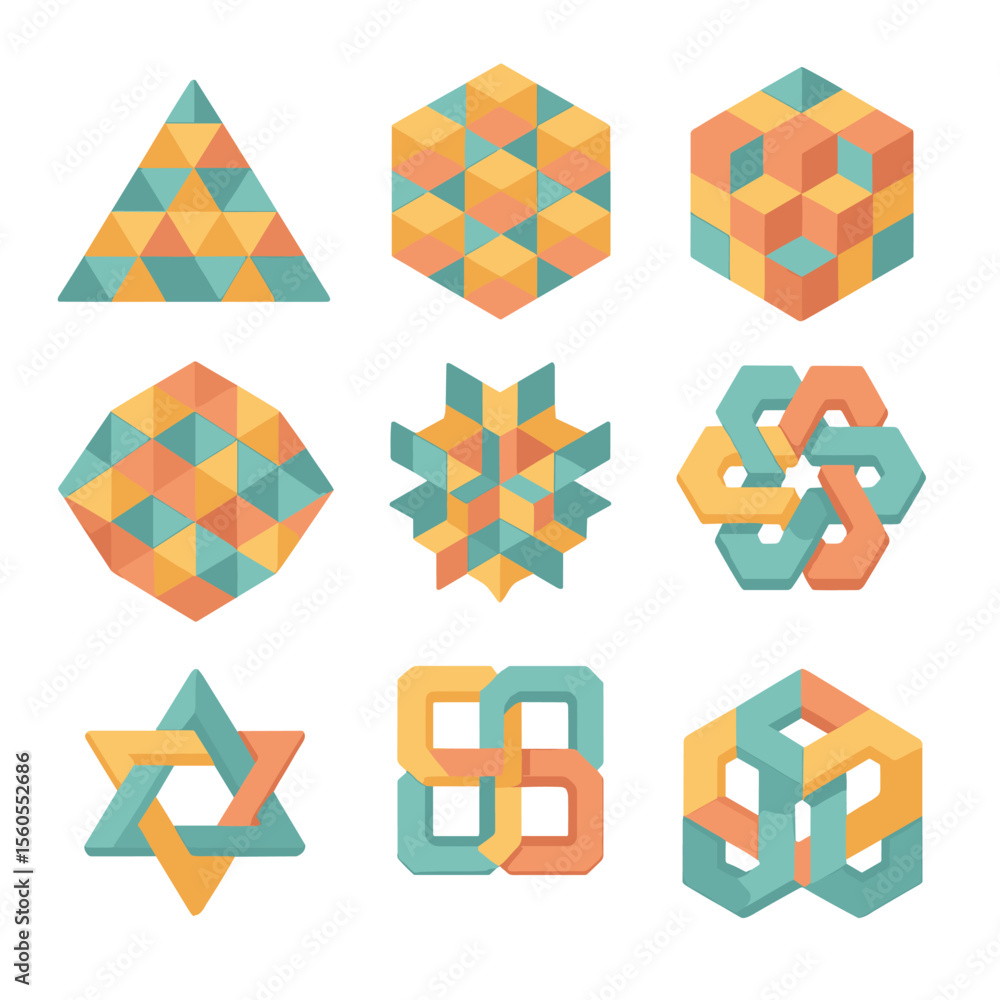 Poster tessellation icon grid. isometric flat icon set of tessellated pattern elements: tessellation triang