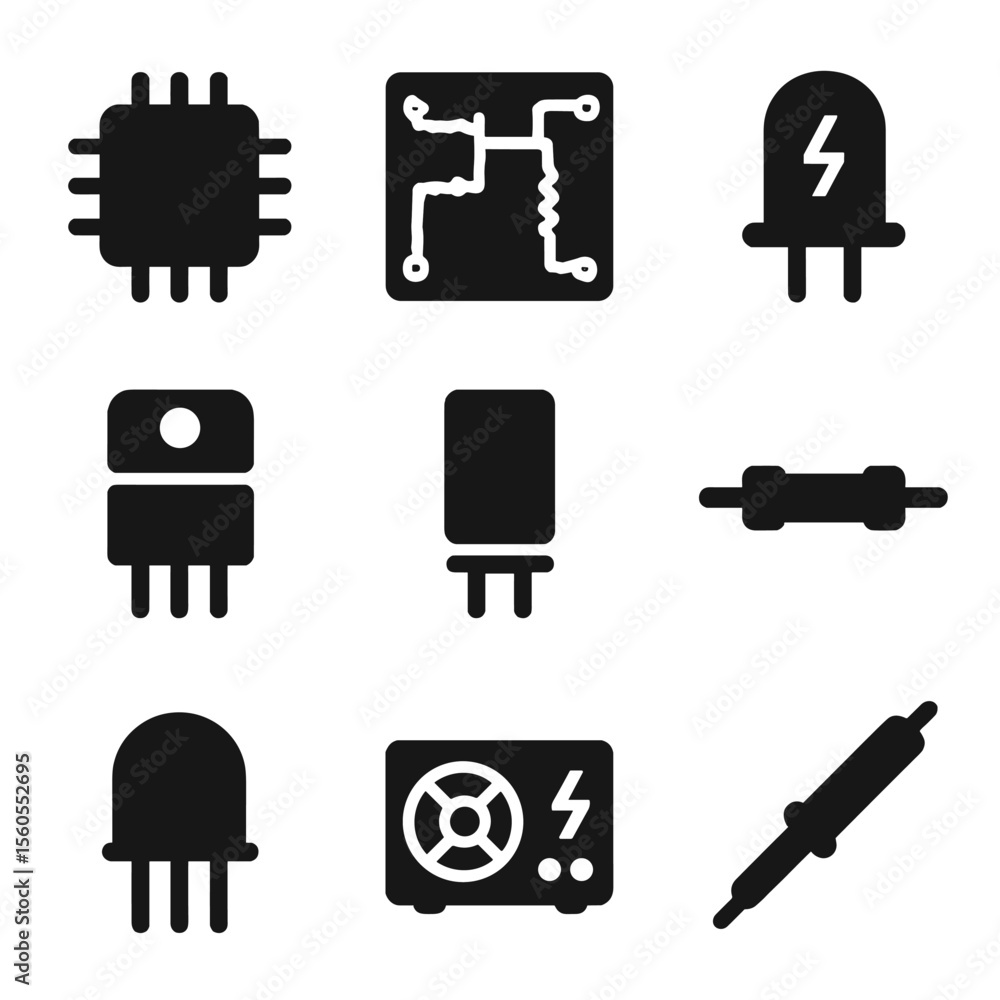 Poster electronics icon grid. solid, filled icon set of voltage in electronics: microchip, circuit board, l