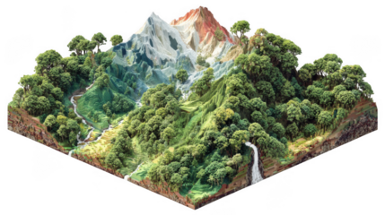 An isometric 3d illustration of a lush green jungle landscape with a river and waterfall, nestled against a majestic mountain range, isolated on transparent background