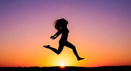 Silhouette of a woman jumping in mid-air at sunset, vibrant colors.