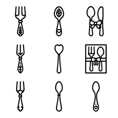 Elegant Cutlery Icons. Solid, filled icon set of decorative fork and spoon: ornate fork, engraved spoon, antique cutlery, themed