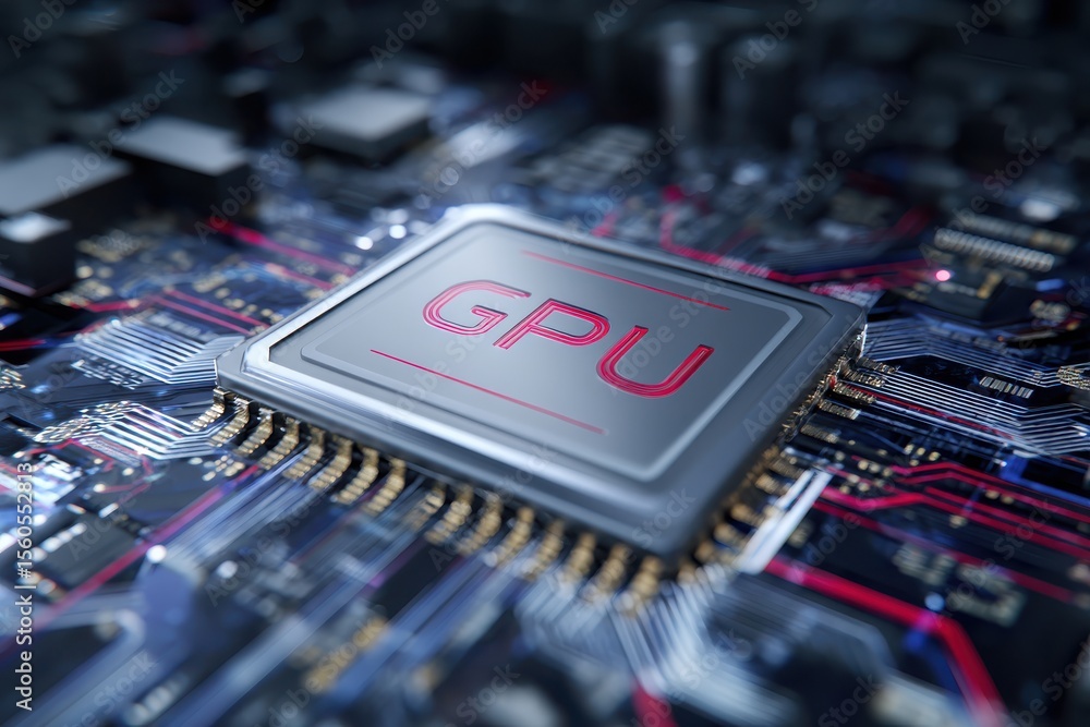 Poster high-performance gpu with glowing circuits on motherboard in futuristic lighting