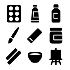 Traditional Painting Icons. Solid, filled icon set of traditional painting styles: watercolor tray, oil paint tube, acrylic bottle