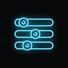 Three blue neon settings sliders glowing on a black background