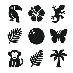 Naklejka premium Tropical Flora and Fauna Icons. Solid, filled icon set of tropical flora and fauna: toucan, hibiscus flower, gecko, palm leaf,