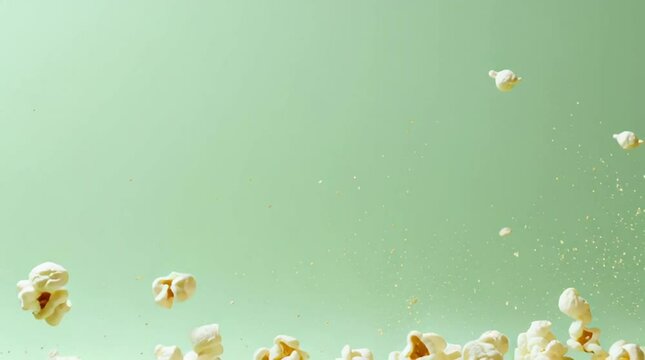 Dynamic slow-motion shot of fresh popcorn exploding and floating against a clean pastel green background.

