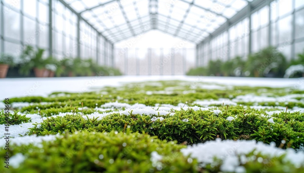 Poster a vibrant green moss blanketed in a soft layer of pristine white snow, creating a beautiful contrast