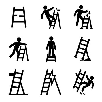 Unsafe Ladder Icons. Solid, filled icon set of unsafe ladder scenarios: broken rung, overreaching, slippery step, leaning too far,